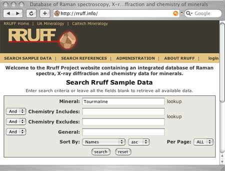 RRUFF Database Search Form screenshot